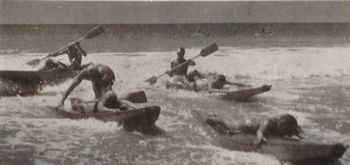 1955 Waihi Surf ski rescue The surf ski rescue was another interesting and difficult event especially in bigger surf!! this was the exact type of surf ski that i learned to surf on in 1959.we would stand up and surf in on them & they were reasonably easy to manouvere(pintail back)