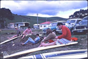 an autumn day at 'Sandys' 1967 Murray Jack..Maria Jack..Laurie...Marika Lenards...Max Atkins!!....look at that classic old board with that 'spacey' fin!!...ha!