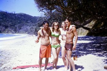 Tui...Gay...Christine and Brian... Enjoying a beautiful summers day at Langs Beach in the summer of '68....check those bush laden hills in the background....beautiful and isolated ...a real paradise....i wonder what those hills look like today!!!
