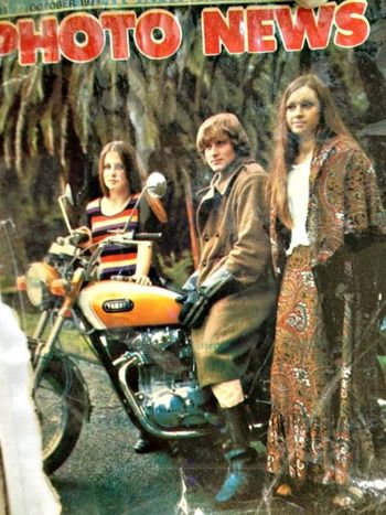 and the hippie thing was gracing the cover of about every book in '71 Roy Petal on his Yamaha 650...with Sue mosan...and sue Cleary lookin fully 'flowerpower-ish!!!....Paisley again..the signature of hippiedom!!...