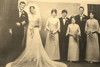 all my old school mates finally get hooked.... Waipu boy Ken Moreland ties the knot to Margaret Newby...with locals Dianne Pink..Brian Bench..Kathryn Newby...and Wayne Newby