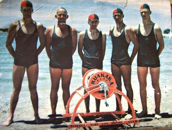 Ruakaka SLSC members at the Ngunguru sports gala '64 Kevin Codlin...Jim Keir...Brian codlin...Terry Hutton...Brian Hutton...foundation members of the newish Ruakaka surfclub doing a promotion at Ngunguru!!.....all keen watermen!!