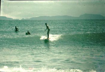 Waipu and Piha Clubby...Ian Hill..south corner of Langs...1965 we were still just surfing right in the corner by the boat sheds until '66 when we finally started paddling right out to surf the point...was a hairy take-off on those big old boards