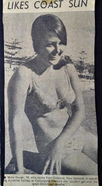 Mary Ralph(Gough) originally from Palmerston North...gets the surfing travelling bug in the late 60s yea....just like we all did!!!....but she was determined to make it to South Africa and Jeffries Bay .........here..hitting the headlines in the local Gold Coast rag...ha!