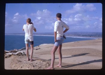 up on top of those massive Ahipara sandhills.. Paddy Kelly & Murray Jacks having an awesome time at Shipwreck Bay...summer of '67.....in '67 we found a human skeleton on these dunes ...with a pair of scissors stuck in a rib and rosary beads around his neck...we figured an 18th century missionary!!!!!!