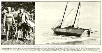 The Ketch 'Te Hangi' pounded ashore at Ahipara....1935 Crew members (left) salvage some belongings off the ship....