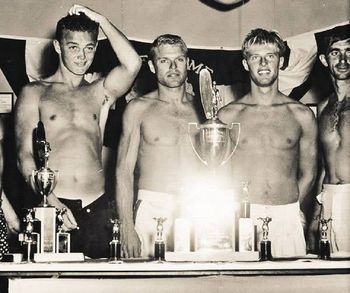 1955 Manhattan Beach paddleboard winners. The iconic and friend of Miki Dora...Greg NoLL (RIP) , Tommy Zahn, Ricky Grigg and George Downing.