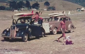 Ken & the boys take a trip up the coast...Teal Bay (Northland)...summer of '68 Ken Berrys (or Ken Harrisons) Plymouth..and John Blomfields brown Chrysler....how awesome are those cars (woodies)....if you know who's in the picture let me know!!!