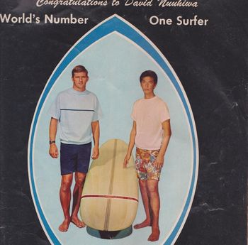 as you can see 1966 was still a very clean-cut time!.... Bing Copeland and David Nuuhiwa....International Surfing Magazine 1966......and there's that single stripe T-shirt that was so much the rage then too!!