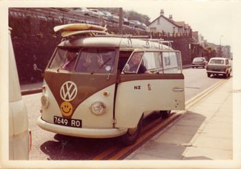Arrived in London...and naturally bought a Kombi to live in..Ha! as you can see....1972 was very much 'hippiesville'...took 2 boards with me!!!
