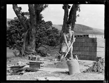 but hey...wait a minute!!....here's Mr J Pullman making concrete blocks on the beach front in 1947!! Very impressive...making his own concrete blocks...under the beach pohutukawas...amazing!!....the Pullman family have a spot in 20th century Northland folklore...........