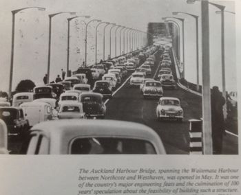 may 1959 'the opening day' The Auckland Harbour bridge was completed in may 1959..and you will notice it only has 4 lanes...the 'Nippon Clippons' as they were known (extra lanes) came later!!