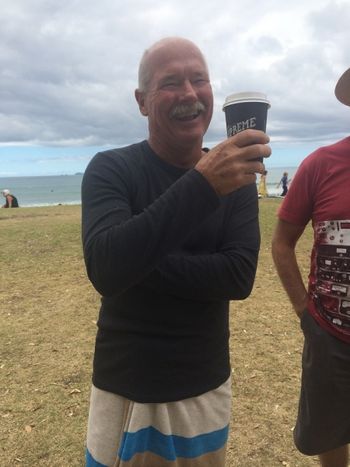 Local boy Neville Grey... so excited about the fact that the pension gets closer every day.... or... maybe he's just stoked to be at Waipu on a nice clean summer offshore day and meeting some old friends.....yea i think thats it!!.....