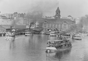 1936 Looking south from the water showing a group of ferries by Ferry wharf, the paddle steamer 'Albatross