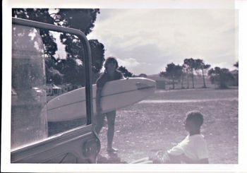 Winters day at Waipu Cove 1964...place looks empty dosen't it! Anne Worsfield ...Waipu school dental nurse....spending a day in the waves ...awesome!.....the girls were a little slow getting on board with this new craze...but around '64 that all began to change!!