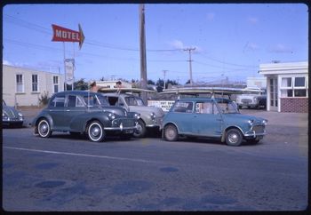 The boys decide to take a trip up to Ahipara...summer of '67 Bill Durhams beautiful green Morris Minor...with white-wall tires (was the 'in thing' then) Lauries 54 Morris and Murray Jacks mini!!