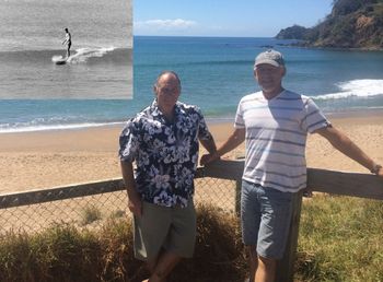 Dave Boyd and Mike Cooney have a surf at Pataua....beautiful summers day 2014 and inset.......Mike surfing Pataua 51 years earlier....man ...how blessed are us surfing mob!!!!.....