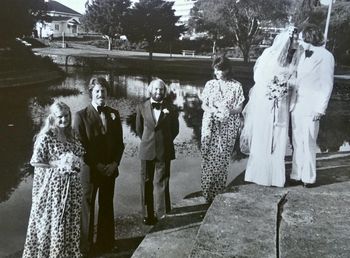 Who are these guys trying to kid...suits!!!!!!!!...and bow ties!!! Dave Boyd and Ken Beehre reliquishing their board-shorts for 24 hours....good boys!!!!....Pauline whispering to Billy...Did you invite those 2 guys Billy!!!....with Paulines sister Brenda & Yolande Eggington...