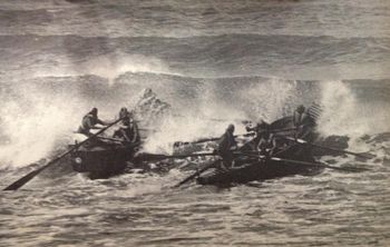 Ruakaka Surf carnival ..summer of '65 Our brave Ruakaka boat crew (on right)..take on the Red Beach boat crew...with a fairly sizable swell running at Ruakaka that day....even tho we surfed..we also loved the challenge of catching a wave in a surfboat...was total panic in a big swell...Ha!!
