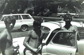 Dave boyd..Brian King and Dick Robinson enjoying the summer sun at Waipu cove in '66 Dick doing a very neat little 'reverse' peace sign there...Ha!!!!