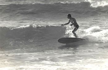 Dicky Robinson doing a nice little turn at Sandies in the summer of '67 Looks like an Aussie board he's on there....Heydon or Honnesee??