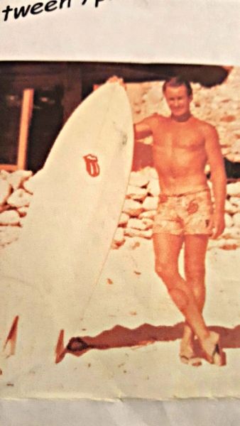 1970s...Waipu Cove regular...Peter Dunn.. Auckland boy Peter looking very clean cut and holding one of those 1970s classic twin fins