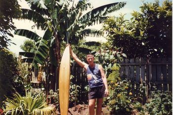 57 yr old Phil Cooney ....yr 2000 now 69 ...lives at Kamo..still has that board that he is holding there..but only bodysurfs these days..still gets to the beach regular tho..sadly wasnt as handsome as me...but did ok on the chick front despite that setback.....ha!!!!!