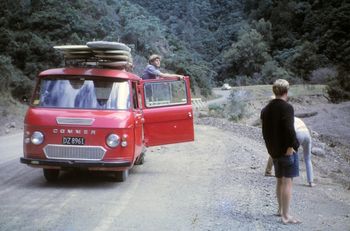 Ian Butt and the boys head down thru the Gisborne gorge to the '67 champs I had exactly the same red Commer as this one in '71 and also did a trip to Gisborne with my wife Paula and Roger Crisp....that van was so dam dangerous to drive...with that narrow front wheel base!!!...aaaaaahhhh scary!!