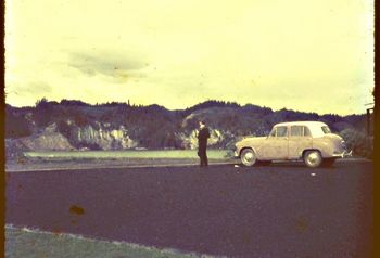 Mal and Gary Orevich take a trip down south....in Mals '51 Hillman 10 Gary looking at the Matahina Dam near Whakatane 1968