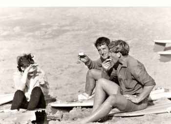 Johnny Bruce and girlfriend Jane.....and Mike Cooney..Langs Bch Lunch time on a warm Autumn day...after a fun surf!..1964