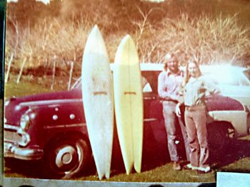 in fact this sort of swallow-tail speed shape became pretty standard around '73 a little longer single fin boards...and also tri-fins became common then (not thrusters...they emerged in 1980) .....Colin and Tony (Gates) and a couple of Colins boards...
