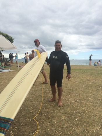 'Malibu Mal' Eggington showing off the new fin he has just designed..... or maybe it was just a board he borrowed...i cant remember!! ...anyway Mals still getting in the water and has become quite the local legend in recent years...'a true father of the faith',.....(surf faith..that is!!...Ha!!)