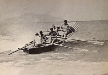 Ruakaka summer of '65..and our new surfboat The boys take the new boat out for a spin..John Wells..Dennis Sterling...Terry Hutton...Brett Knight..Mike Bradley .......Brett and Dennis also excellant boardriders as well...