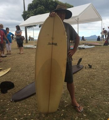 and here's Richard (Dick) Robinson with one of the boards he sanded.... when he was working for San Michelle in the 70s that is!!!.......Waipu Cove 'fish Fry' 2014