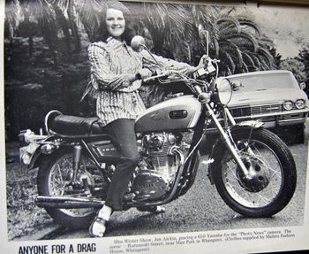 and there were some surfie-hippie-bikies too...Ha! Jan Aickin about to burn some rubber...ah yes..the Aickin girls were very much part of the local surf scene!!...as was their brother Eddie!!....is that a pair of Dave Boyds sandals she has on!!!! Bumped into Eddie again in Capetown, South Africa......many Kiwis went abroud at that time....many to South Africa...courtesy of 'The Endless Summer'