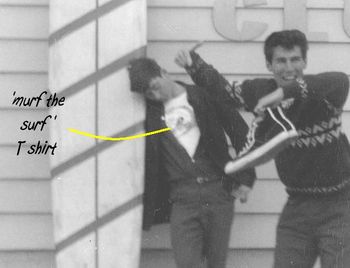 Ruakaka Surf Club ...summer of '63 We were into 'Murf the Smurf' tshirts and sneekers..big time....... Mike Cooney and Mike King...havin' a ball...summer of '63... We'd have a surf then hang out in the surf club..cool fun!!
