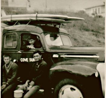 Northland boys..Roddy Finlayson....Tui and Kit Steer ....and their old 'woody'. The boys on safari...Oakura camping ground ...Taranaki...they met the 'Endless summer' crew on this trip....rabbit stew in the pot!
