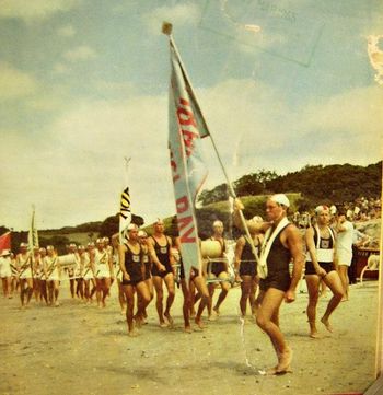 'March Past' summer of '65 Waipu Cove Surf clubs were just as strong as ever in '65,...even tho surfboard riding was taking a big leap ahead also!!