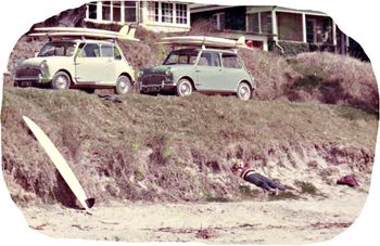 Beautiful Autumn day at Langs Bch (Bream Bay Northland)...1964 Mike Cooney and Brett Knights minis...Brick Taylor asleep on the beach....Brick was great guy...cheeky as they come!!!.......and here's a question for you..."why did heaps of surfers have mini's......dirt cheap to run of course...why else!!!...Ha!!..
