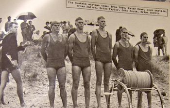 A rainy summers day in '63...The opening of the new Ruakaka SLSC clubhouse.... Peter Howe on the left..an Aussie transplant..& Tatahi boardrider Johnny Bruce becomes Ruakaka SLSC club Capt. in '66..& Brick Taylor (middle) taught me to stand up on a surfski in 1959....there was very little conflict between the clubby & surfers in '63