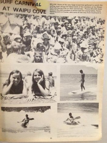 Waipu SLSC local carnival day..around '65 Anyone know who those Waipu club members are on the board and surf skis?...Surf Life Saving and surfboard riding in one arena!!