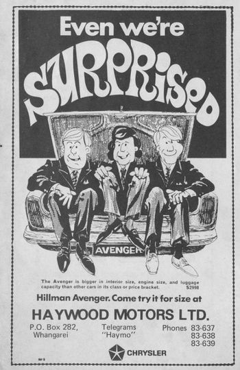 even the hippie influence was getting into advertising .....with flower-powery type looking words and longer hair...Ha!!....brand new Hillman Avenger $2,998...and address your Telegrams to "Haymo" ....Ha!!!!