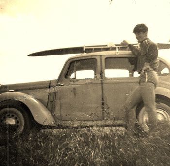 Ocean Bch Northland ...summer of '63 My good friend Wayne Hutton and i have our first surf at Ocean beach...my old 'woody' 1948 hillman with 'murf the surf' painted on the boot!