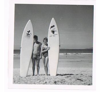 1960 Terrys and Harolds boards they built Harold Watson was Terrys best surfing mate who at 19 tragically went to a dentist complaining of tooth ache and never returned ( fatal absess). Northland lost one of its great surfing pioneers...His fiance Betty Harvey next to him!