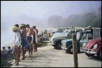 Misty Tatahi Comp day at Waipu Cove...summer of '66 Pretty sure thats Max Atkins and Ian butt with the small hat on...and maybe Tim Frazerhurst with the sombrero..but definitely Ian Mcleans Vdub...Lauries Morris...& Barry's mini....great days!!