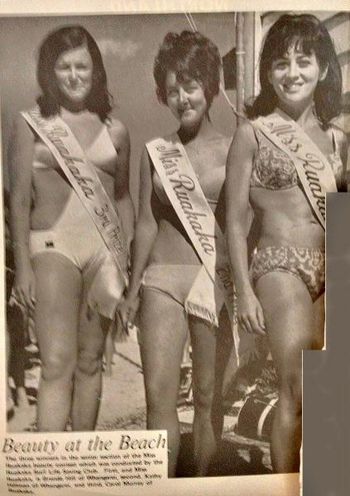 and the 'beach Bunny' contests were still the rage... Miss Ruakaka (SLSC)...1st (right) Brenda Hill of Whangarei...2nd (middle) Kathy ? of Whg...and 3rd...Carol Murray of Ruakaka...