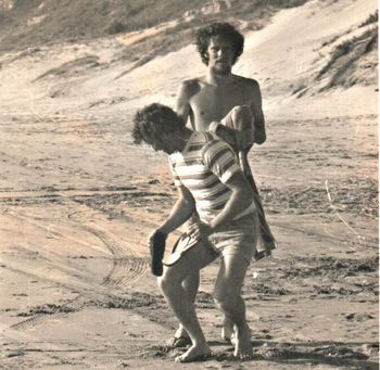meanwhile...all the boys want to do is clown around and go surfin'.... Peter Crispin and Emon Hamilton havin' fun at Baylys Bch..summer of 1970