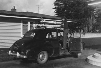 Robbie smith and the good ol' FJ Holden..summer of '69 apparently... Robbie's cousin Tony Wakelin spotted Peter Way fanging and doin' wheelie's into Sandy Bay in this FJ after a trip down from Shippies.....wild man Peter..Ha!!
