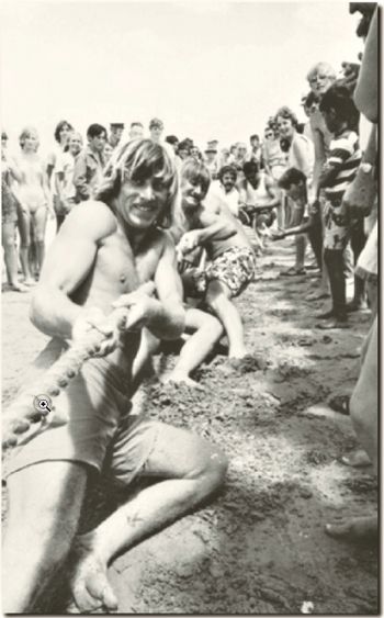 Mike and Phil Cooney Ruakaka tug-o-war team around 1970... even tho we spent most of the year surfing overseas at this point..we always somehow ended up drifting back to the club for a time!..belonging to a surfclub can put some strong longevity ties into your life...i still catch up with some of my clubby mates