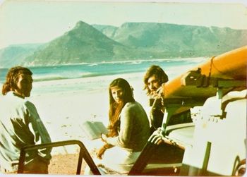 Mike and Paula Cooney...Long Beach ...Cape Town..Autumn of '73 They filmed 'The Endless Summer' right out in front of where we are sitting....can get pretty windy as you can see...but awesome (kelp glassy) waves......Roger Crisp sent me this photo last month...i must have sent it to him in '73!!........